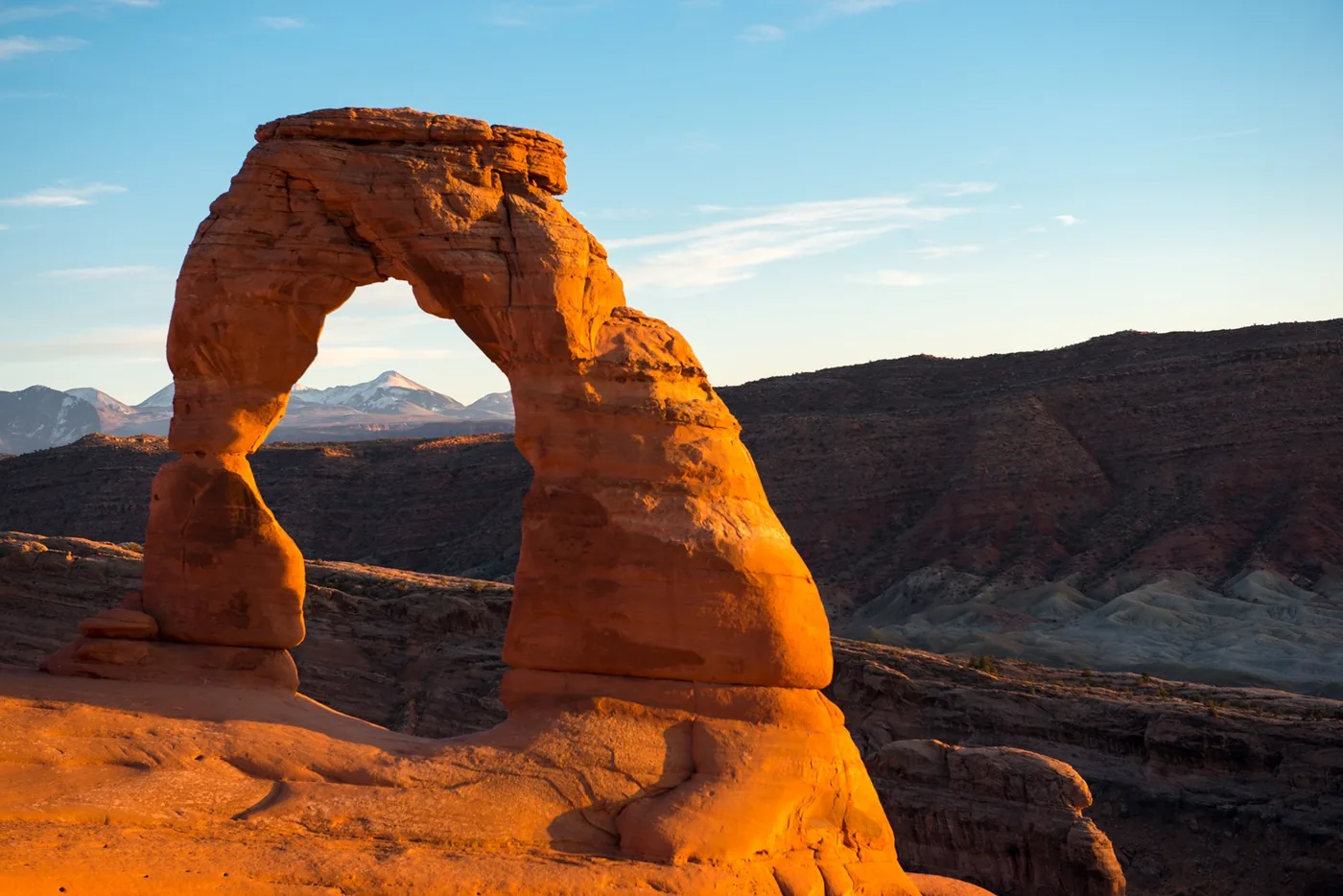 Warm evening light on Delicate Arch in Arches National Park.