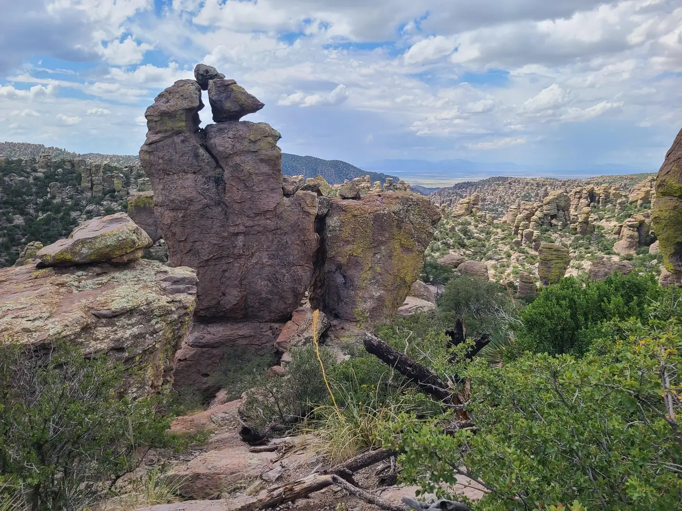 Tall balanced rock formations and distant mountains at Chiricahua.