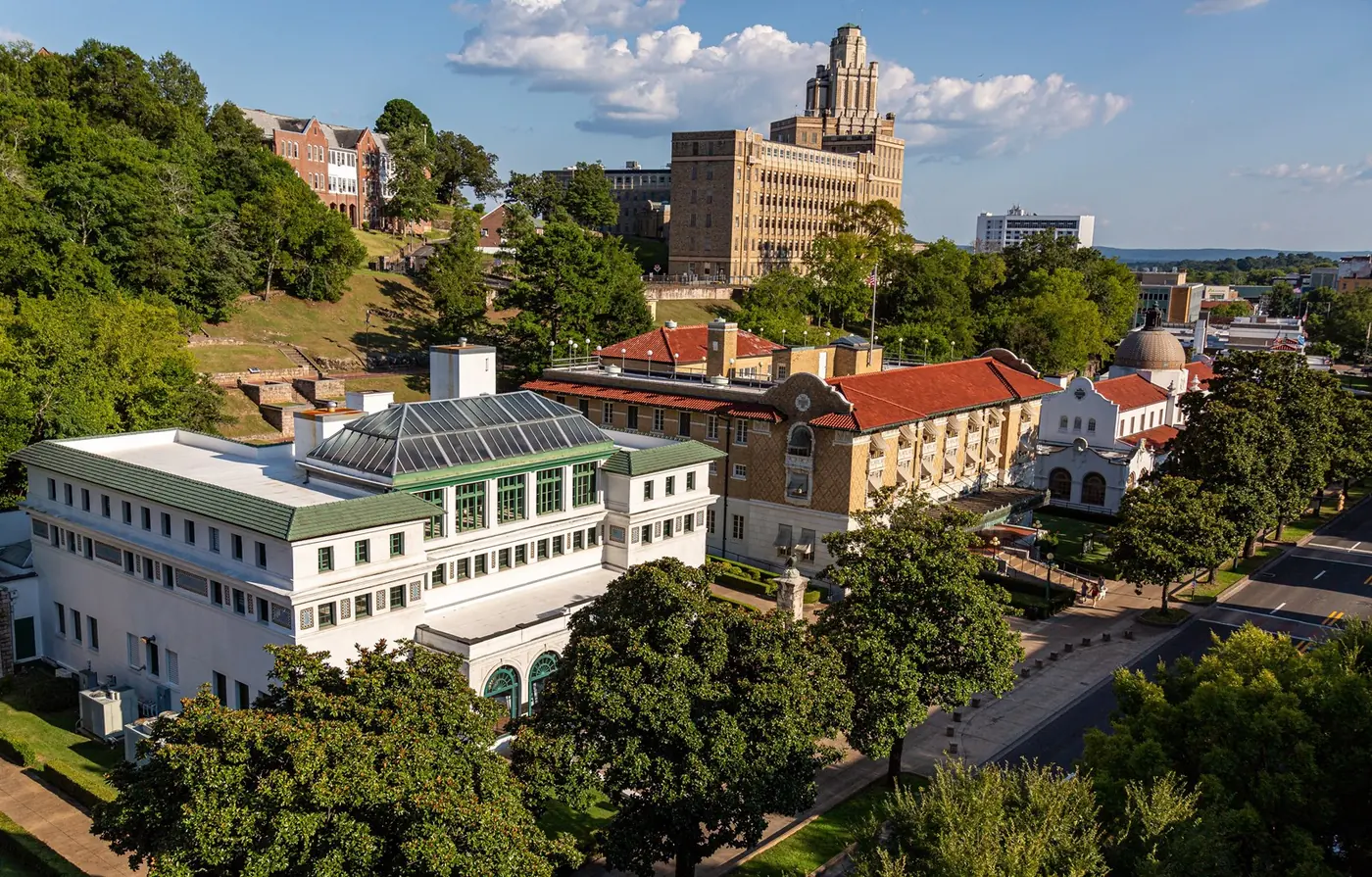An elevated view of the historic buildings along Bathhouse Row in Hot Springs National Park.