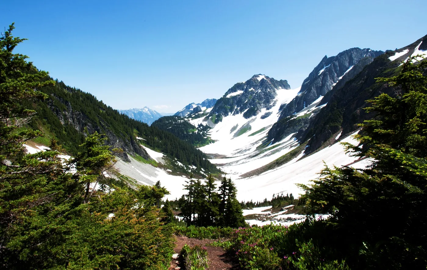 Forested slopes, snowfields and mountain peaks along Cascade Pass in North Cascades National Park.