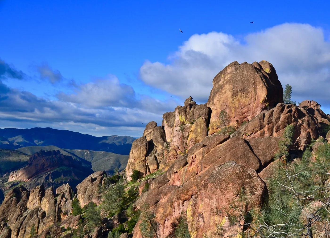 Golden light on the tall rock spires of Pinnacles National Park.