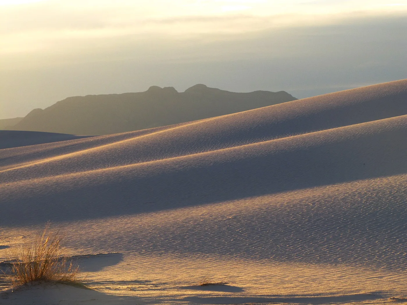Soft morning light across gypsum dunes and distant mountains in White Sands National Park.