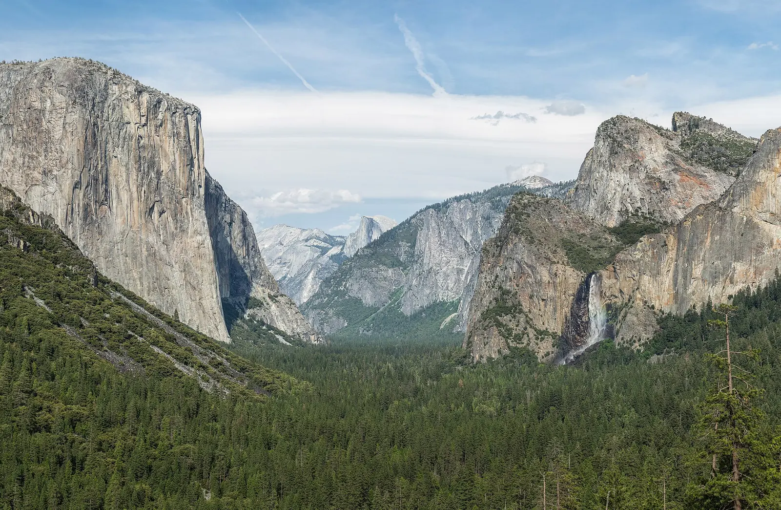 El Capitan, Half Dome and Bridalveil Fall seen from Tunnel View in Yosemite National Park.