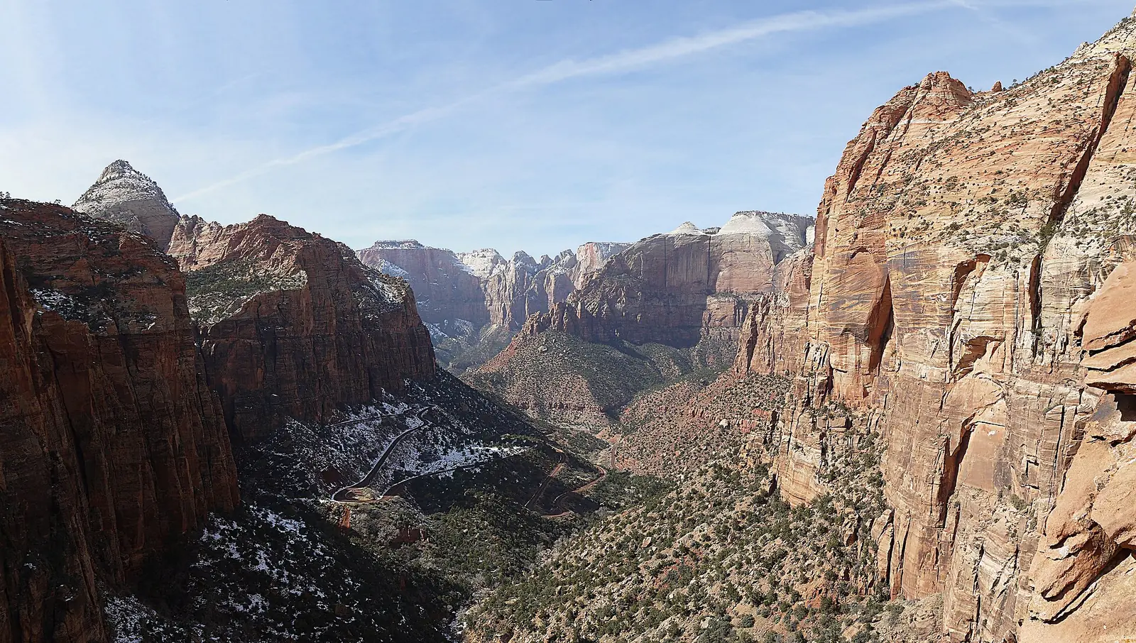 The sandstone walls of Pine Creek Canyon seen from Canyon Overlook in Zion National Park.